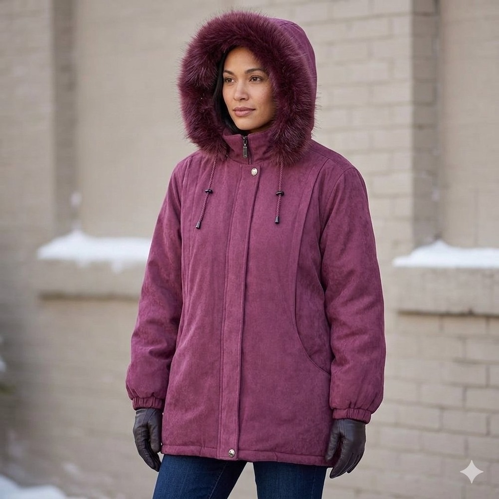 VTG 90s St Johns Bay Women 1X Winter Coat Real Fox Fur Hood Thermolite Plus Plum